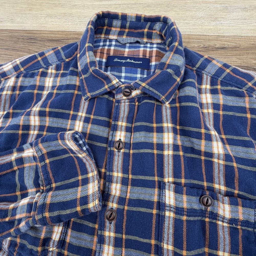Tommy Bahama Shirt Men Medium Blue Plaid Flannel Stretch Outdoor Button Up